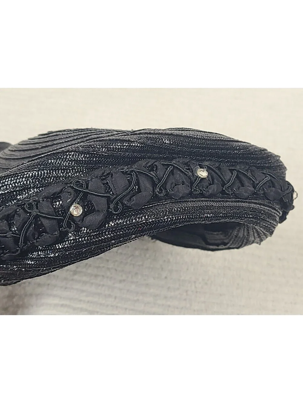 Vintage 1960s Navy Hat Woven Glossy Straw Demure Classic Hepburn Rhinestones
